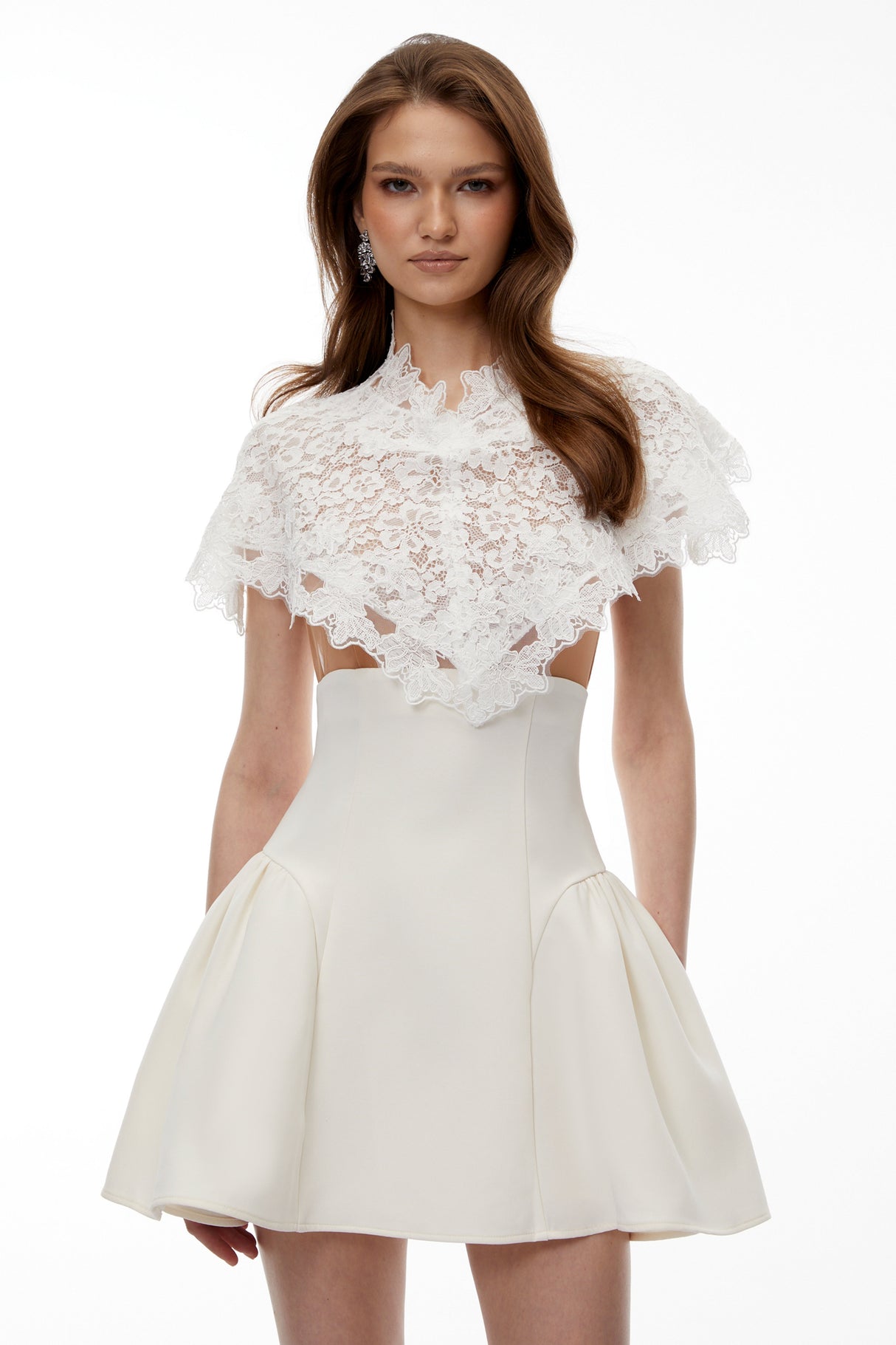 Aurohaya Mandana White Lace Mini Dress with Cape