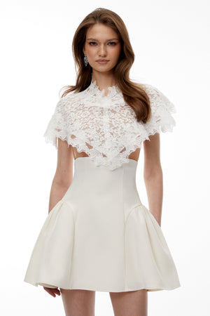 Aurohaya Mandana White Lace Mini Dress with Cape