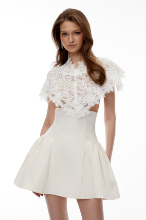 Aurohaya Mandana White Lace Mini Dress with Cape