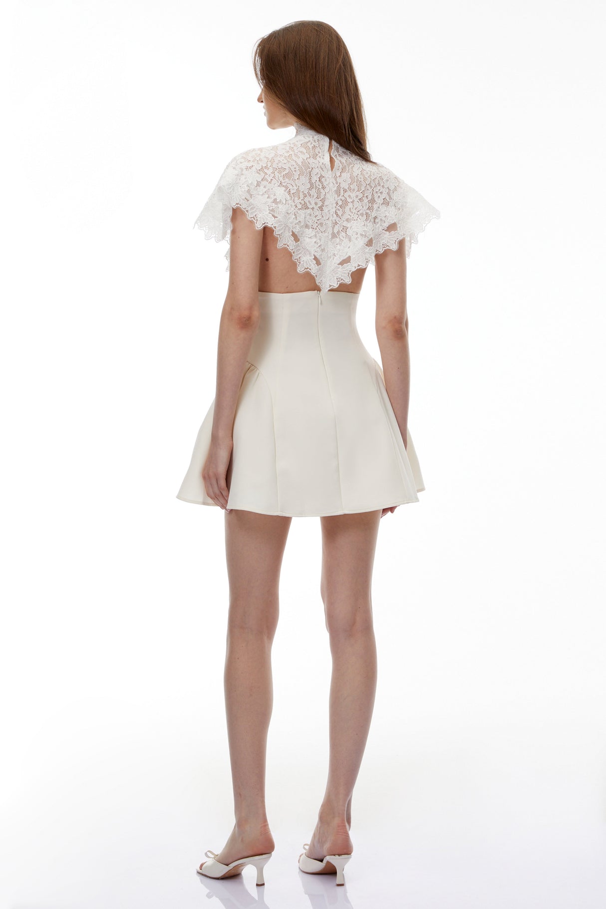 Aurohaya Mandana White Lace Mini Dress with Cape