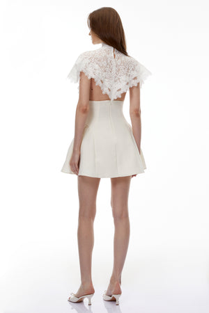 Aurohaya Mandana White Lace Mini Dress with Cape