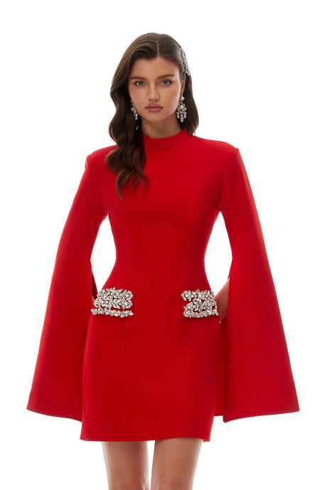 Aurohaya Manon Red Mock Neck Embellished Mini Dress