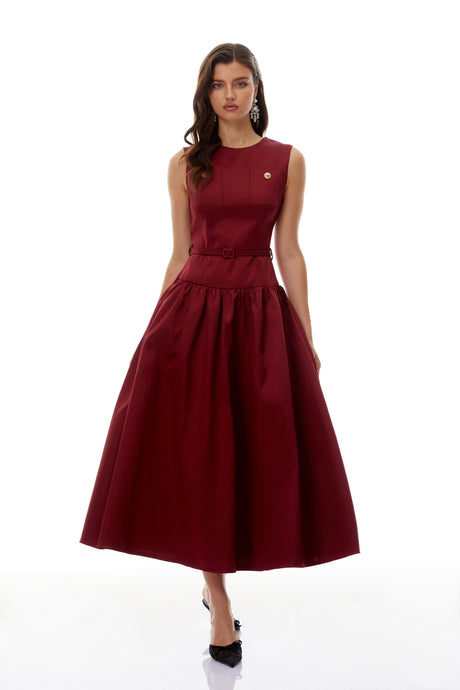 Aurohaya Triana Burgundy Belt Waist Satin Maxi Dress