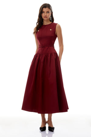 Aurohaya Triana Burgundy Belt Waist Satin Maxi Dress