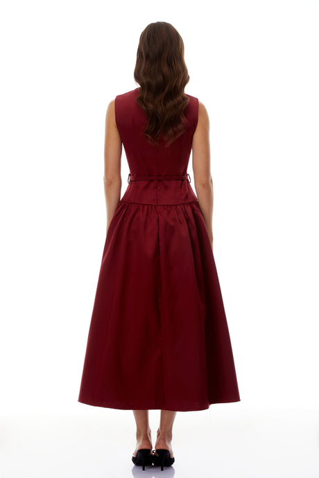Aurohaya Triana Burgundy Belt Waist Satin Maxi Dress