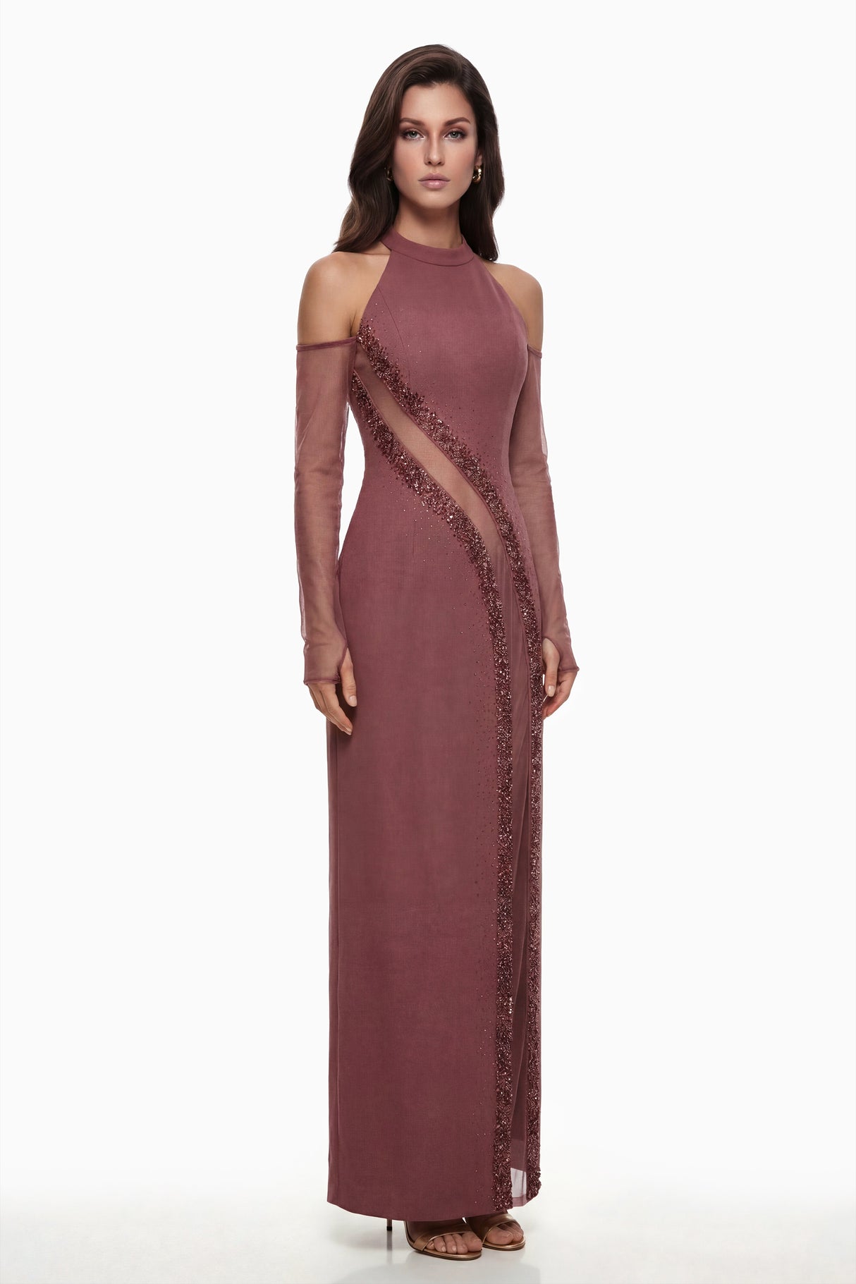 Aurohaya Marenka Dusty Rose Beaded Maxi Dress