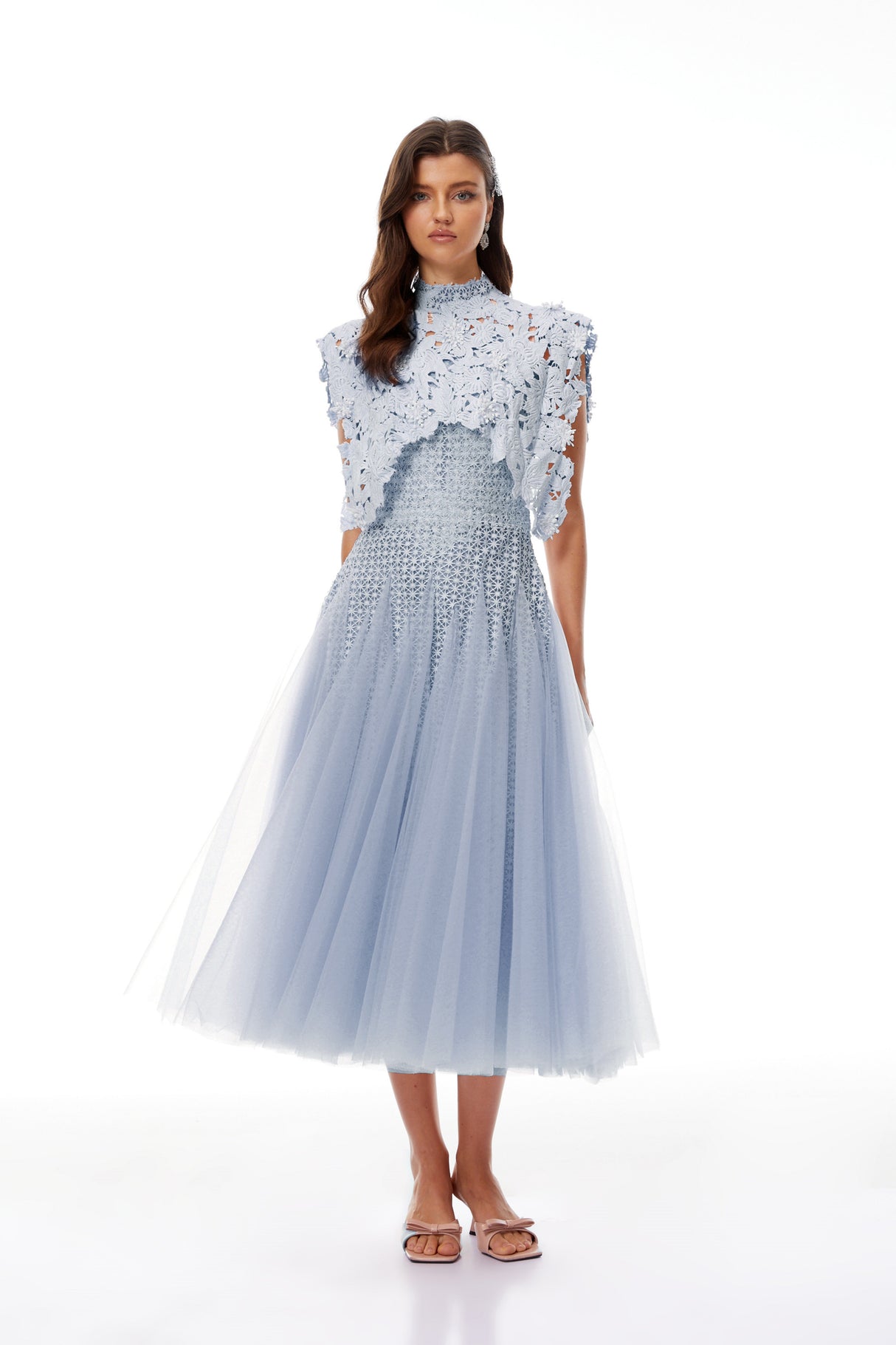 Aurohaya Margaret Blue Floral Crochet Midi Dress