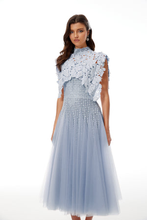 Aurohaya Margaret Blue Floral Crochet Midi Dress