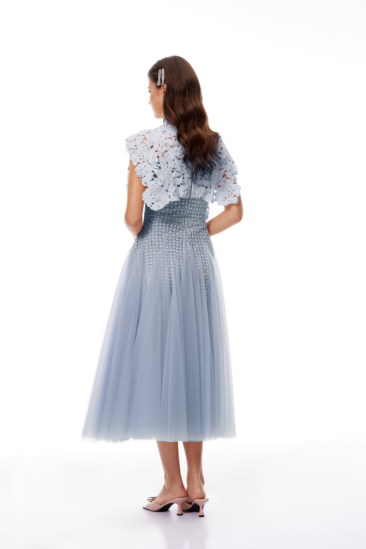 Aurohaya Margaret Blue Floral Crochet Midi Dress