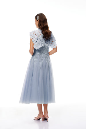 Aurohaya Margaret Blue Floral Crochet Midi Dress