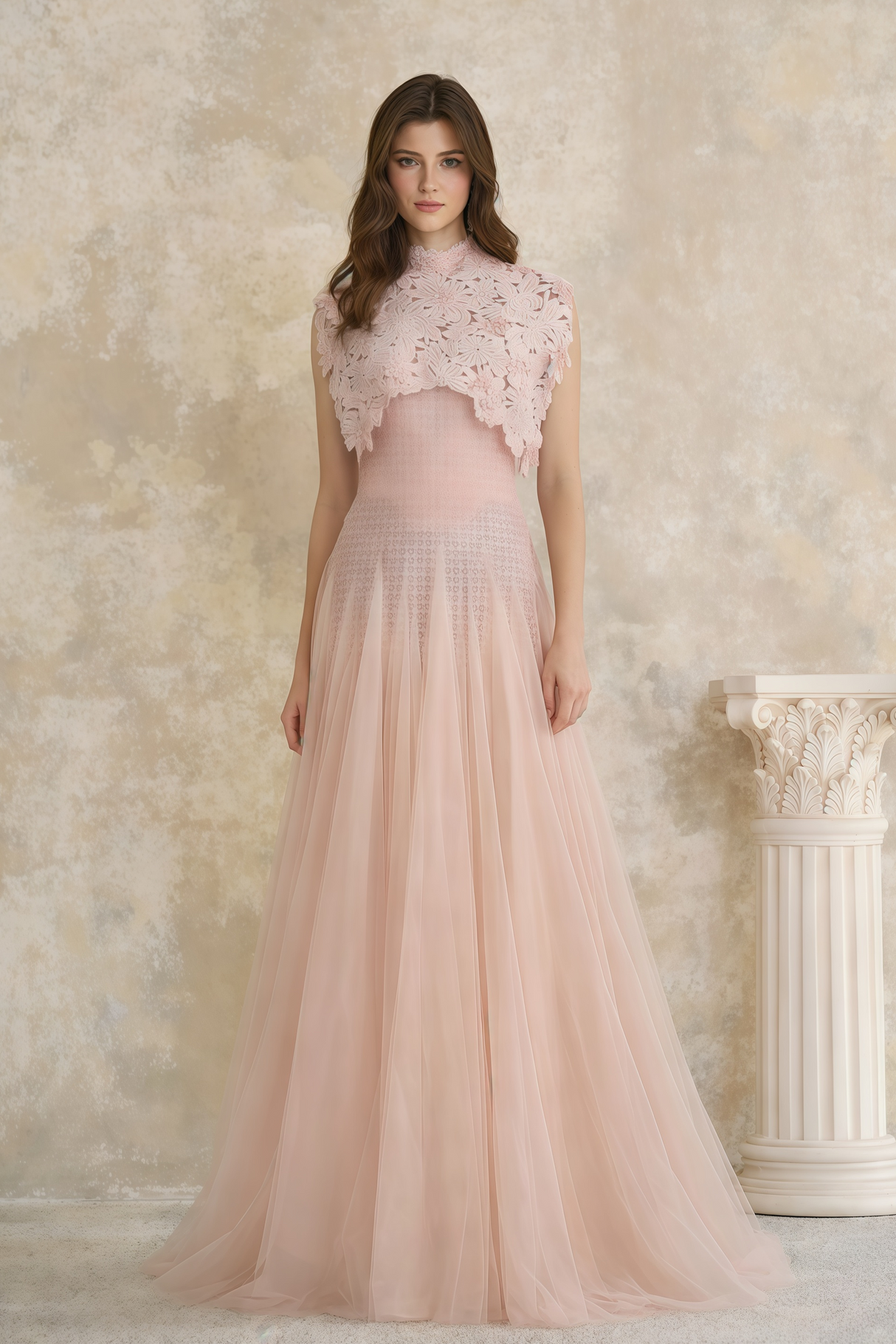 Aurohaya Margaret Light Pink Floral Crochet Midi Dress