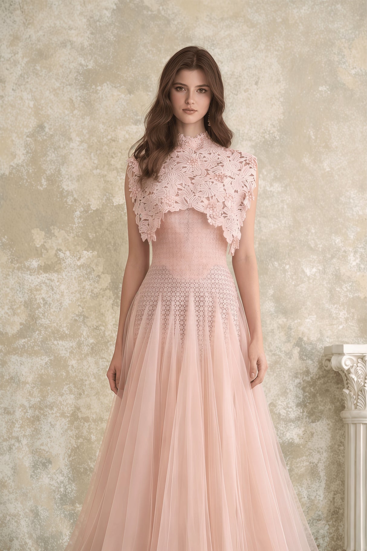Aurohaya Margaret Light Pink Floral Crochet Midi Dress