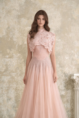 Aurohaya Margaret Light Pink Floral Crochet Midi Dress