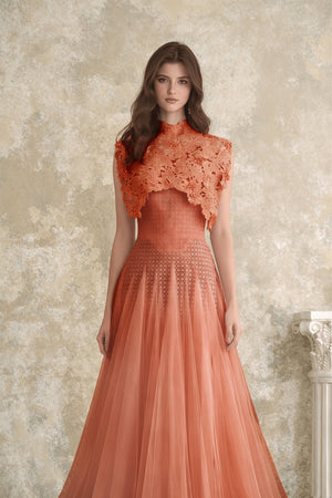 Aurohaya Margaret Orange Floral Crochet Midi Dress