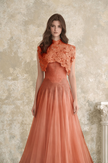 Aurohaya Margaret Orange Floral Crochet Midi Dress