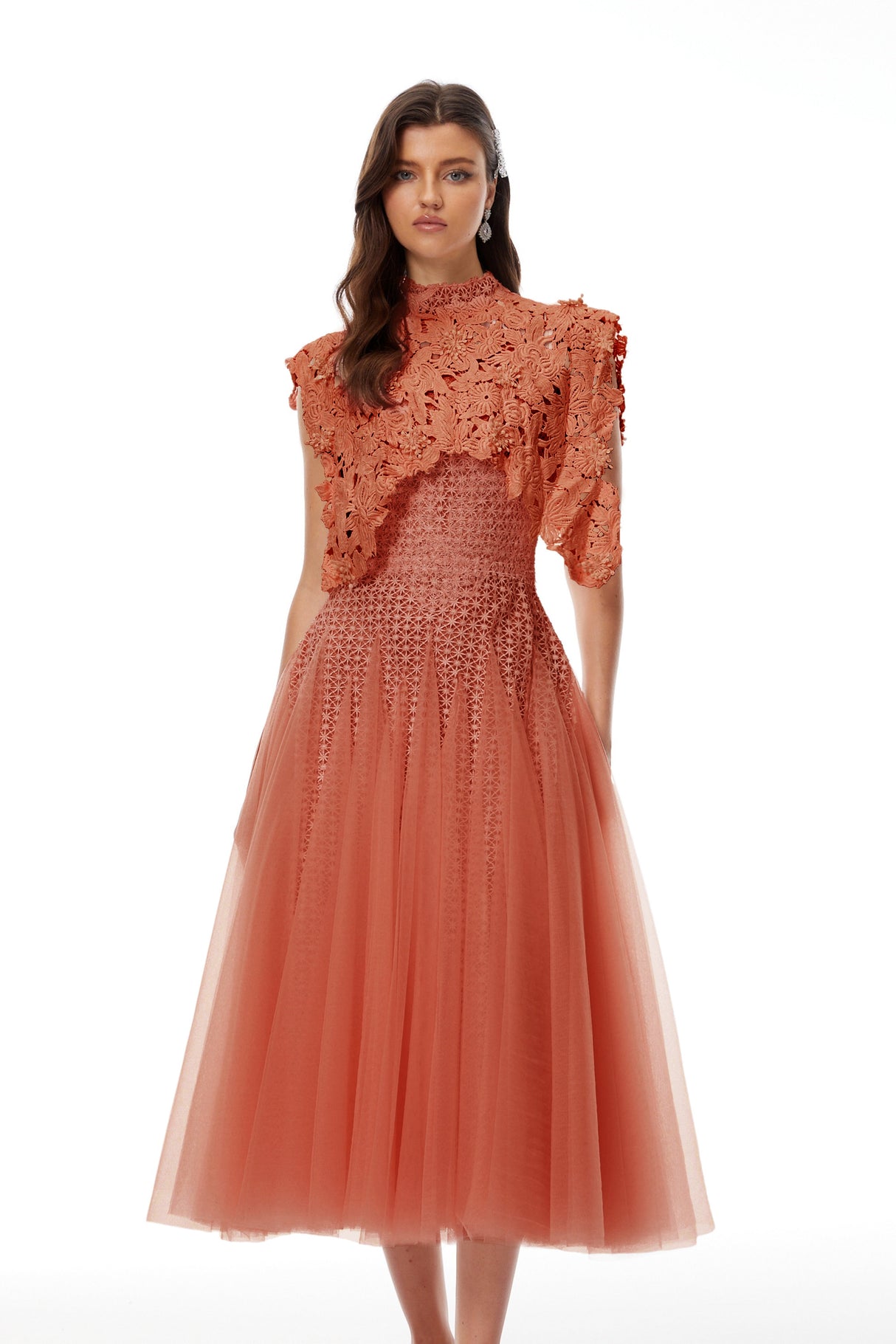 Aurohaya Margaret Orange Floral Crochet Midi Dress