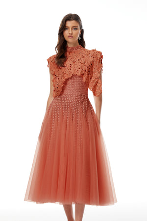 Aurohaya Margaret Orange Floral Crochet Midi Dress