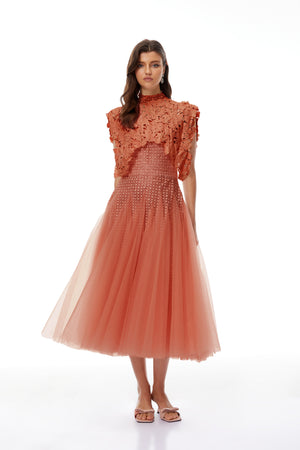 Aurohaya Margaret Orange Floral Crochet Midi Dress