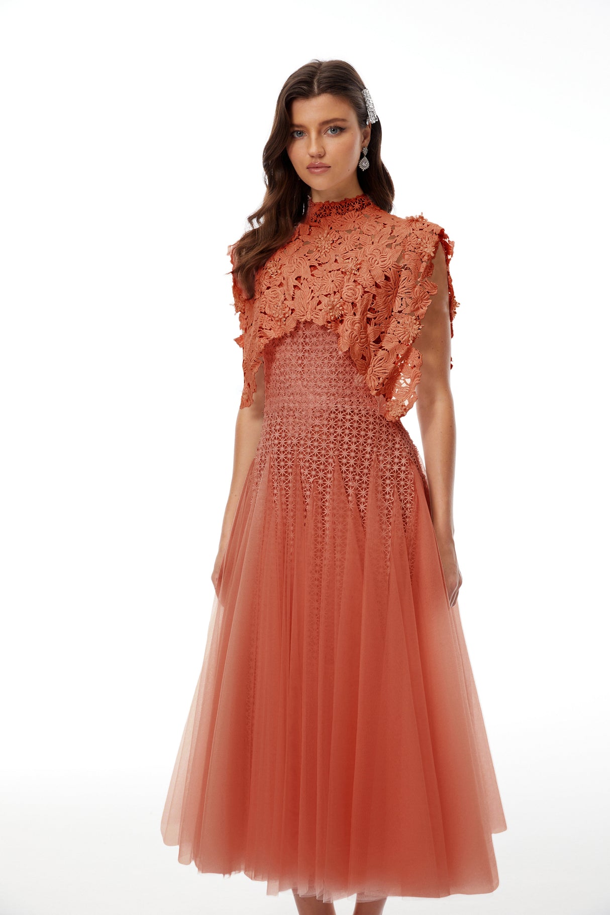Aurohaya Margaret Orange Floral Crochet Midi Dress