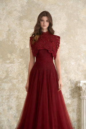 Aurohaya Margaret Red Floral Crochet Midi Dress