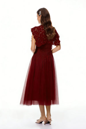 Aurohaya Margaret Red Floral Crochet Midi Dress