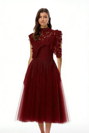 Aurohaya Margaret Red Floral Crochet Midi Dress