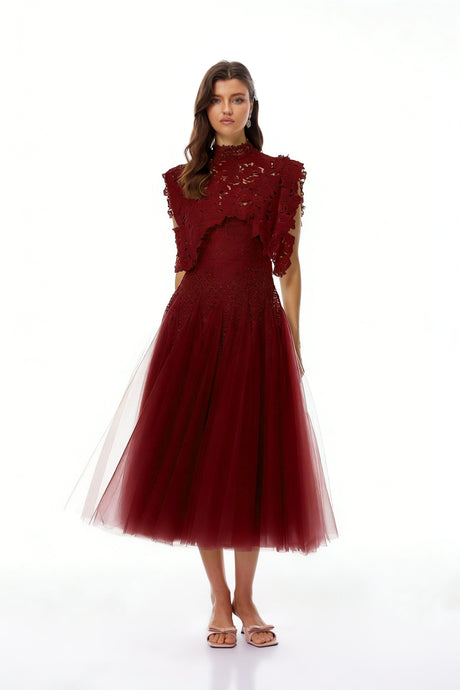 Aurohaya Margaret Red Floral Crochet Midi Dress
