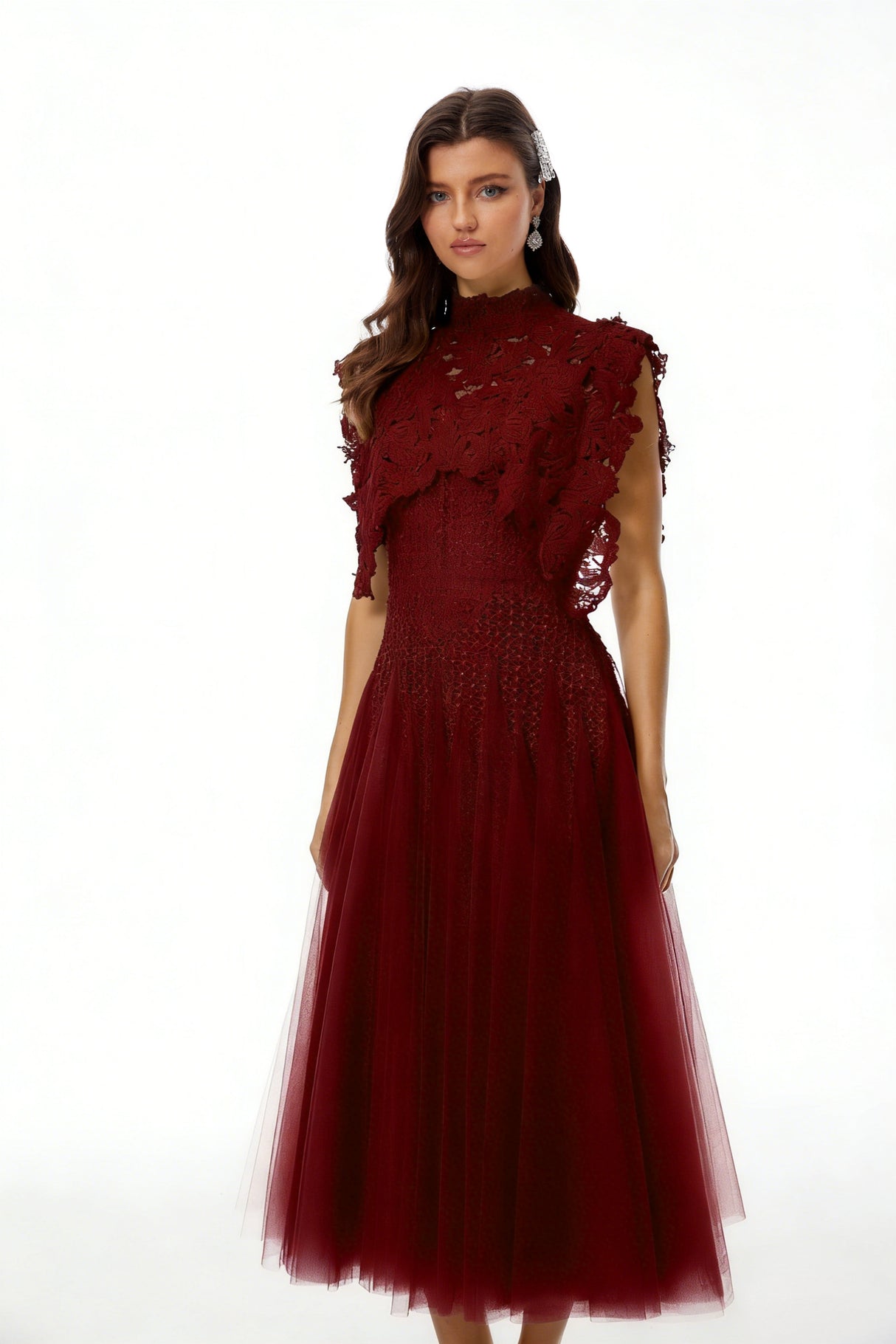 Aurohaya Margaret Red Floral Crochet Midi Dress