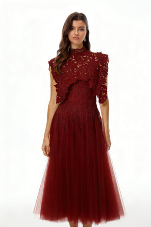 Aurohaya Margaret Red Floral Crochet Midi Dress