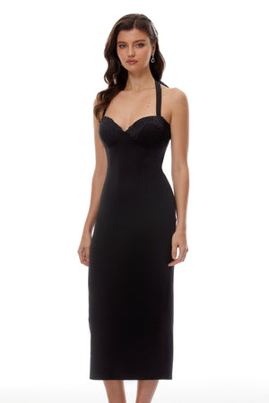 Aurohaya Margarete Black Halterneck Lace-Up Midi Dress