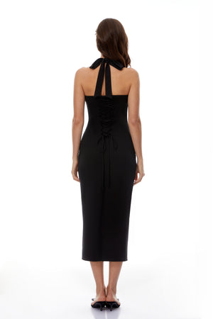 Aurohaya Margarete Black Halterneck Lace-Up Midi Dress