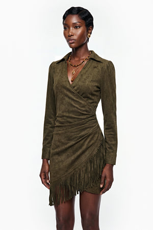 Aurohaya Margarete Green Faux Suede Mini Dress with Fringe