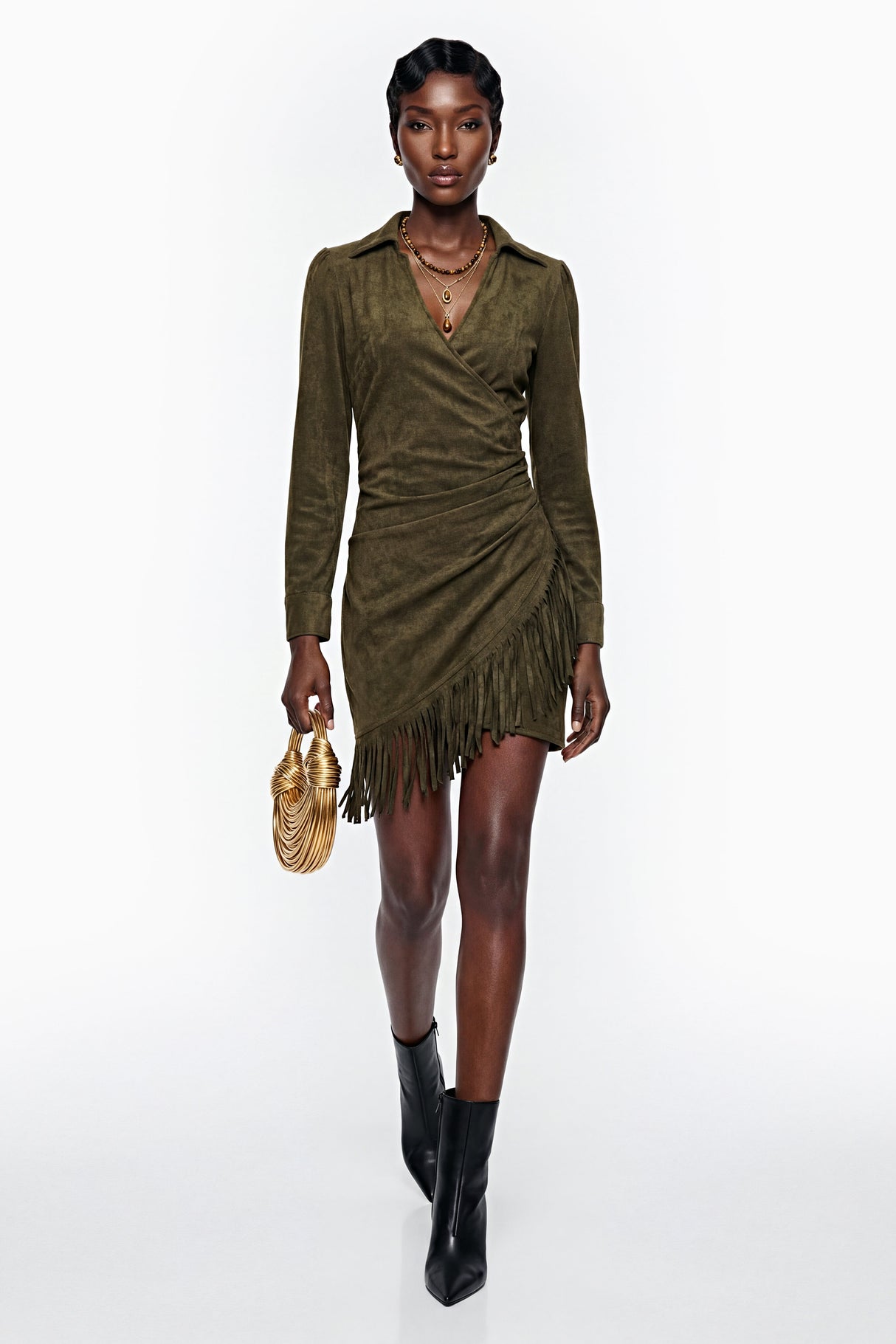 Aurohaya Margarete Green Faux Suede Mini Dress with Fringe