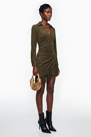 Aurohaya Margarete Green Faux Suede Mini Dress with Fringe