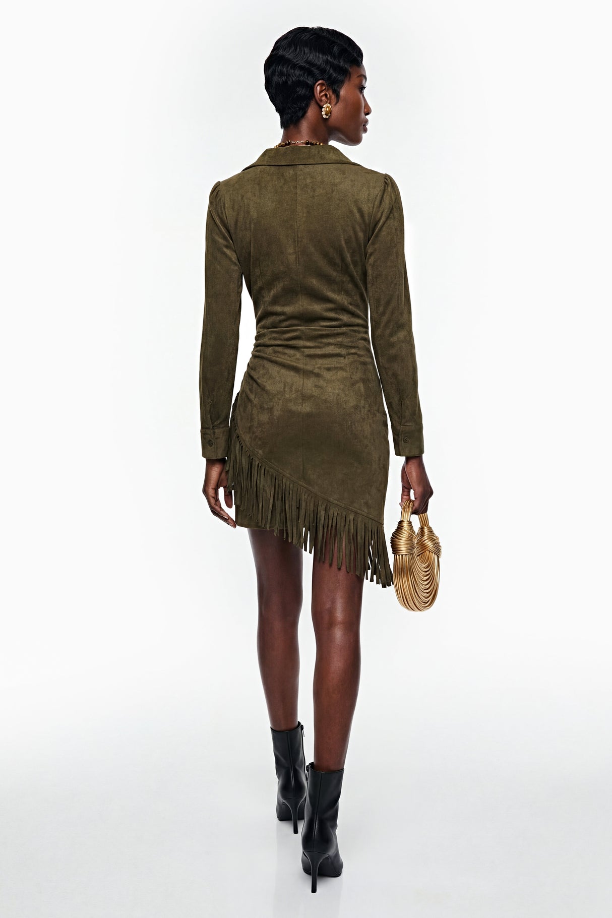 Aurohaya Margarete Green Faux Suede Mini Dress with Fringe
