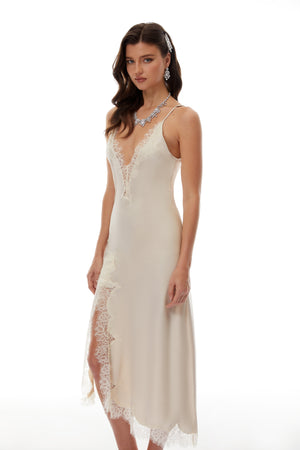 Aurohaya Margherita Champagne Lace Panel Satin Midi Dress