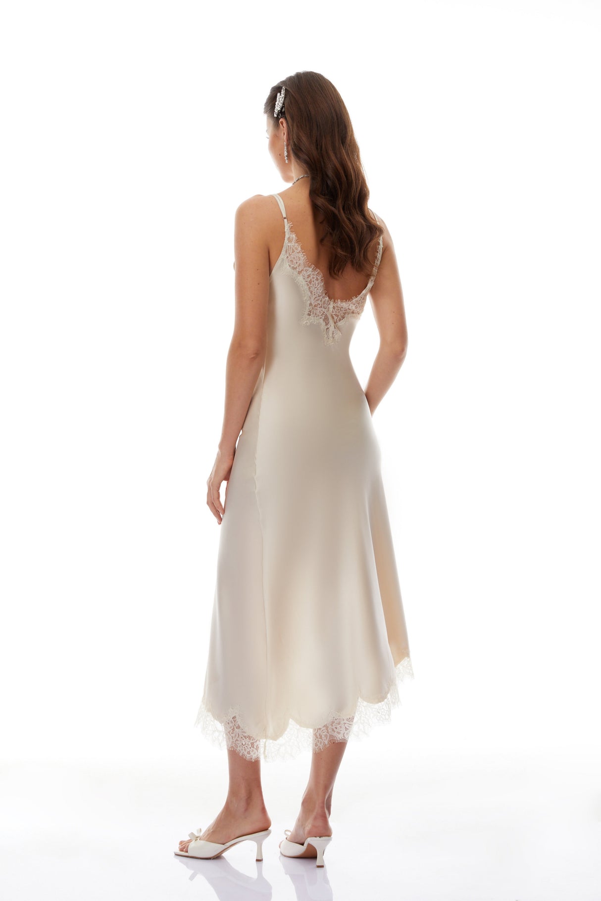 Aurohaya Margherita Champagne Lace Panel Satin Midi Dress