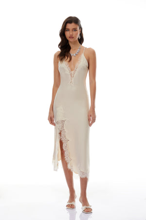 Aurohaya Margherita Champagne Lace Panel Satin Midi Dress