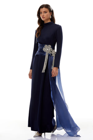 Aurohaya Marguerite Blue Embellished Ribbon Maxi Dress