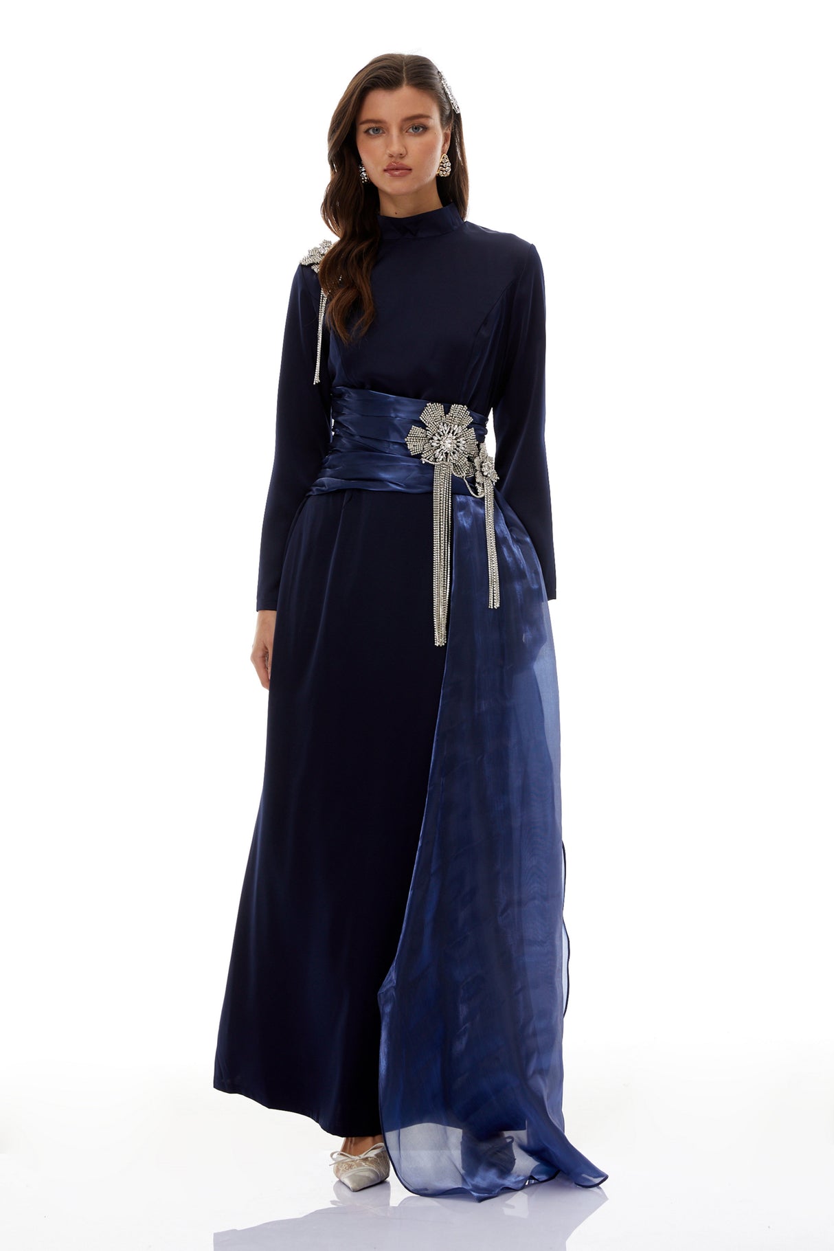 Aurohaya Marguerite Blue Embellished Ribbon Maxi Dress