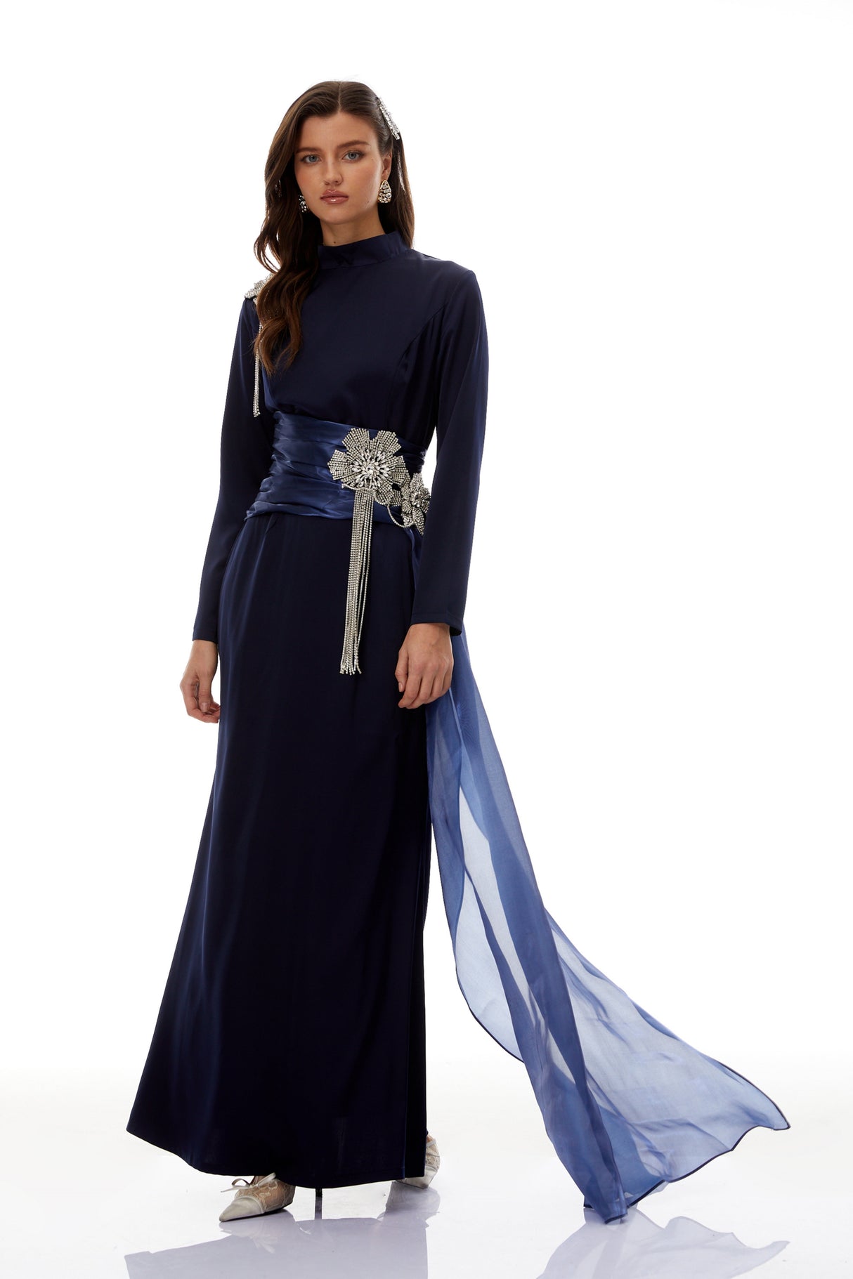 Aurohaya Marguerite Blue Embellished Ribbon Maxi Dress