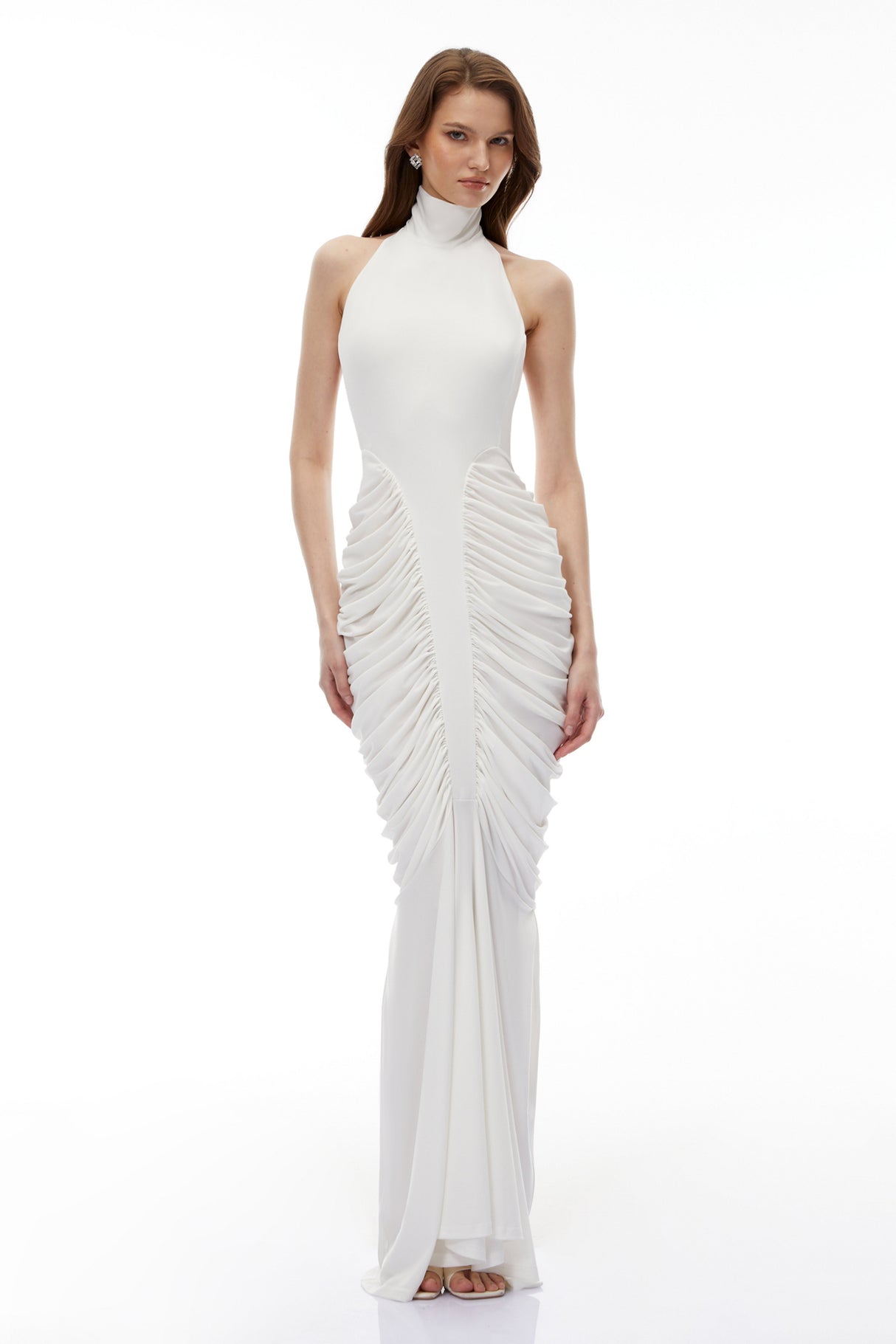 Aurohaya Marhuma White Backless Ruched Maxi Dress