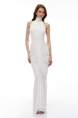 Aurohaya Marhuma White Backless Ruched Maxi Dress
