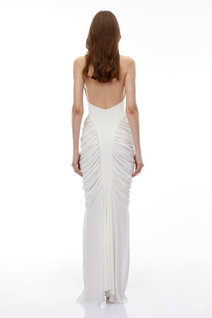 Aurohaya Marhuma White Backless Ruched Maxi Dress