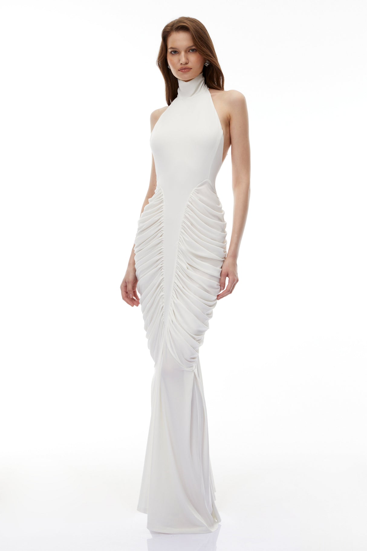Aurohaya Marhuma White Backless Ruched Maxi Dress