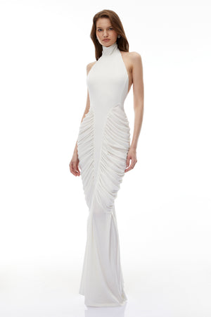 Aurohaya Marhuma White Backless Ruched Maxi Dress