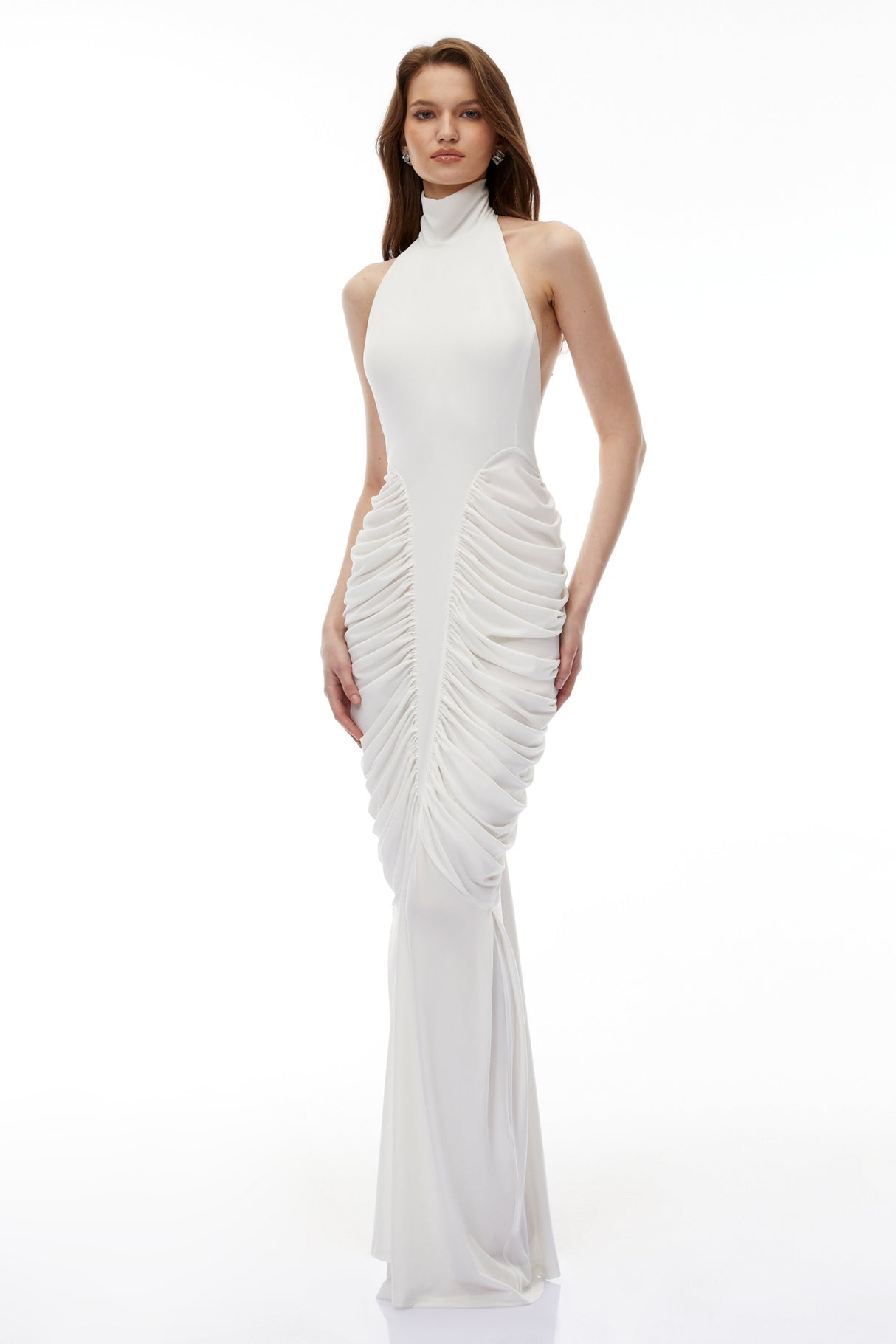 Aurohaya Marhuma White Backless Ruched Maxi Dress