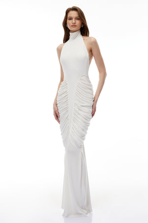 Aurohaya Marhuma White Backless Ruched Maxi Dress