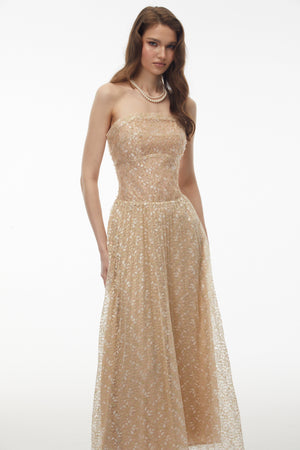 Aurohaya Maria Champagne Sequin Off Shoulder Maxi Dress