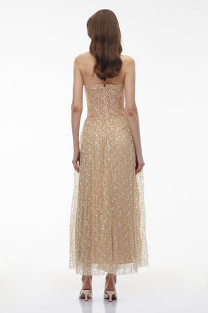 Aurohaya Maria Champagne Sequin Off Shoulder Maxi Dress